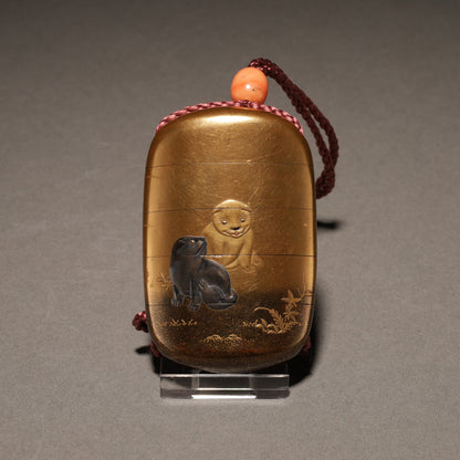 Puppy Maki-e Inrō (with Ivory Sennin Netsuke)