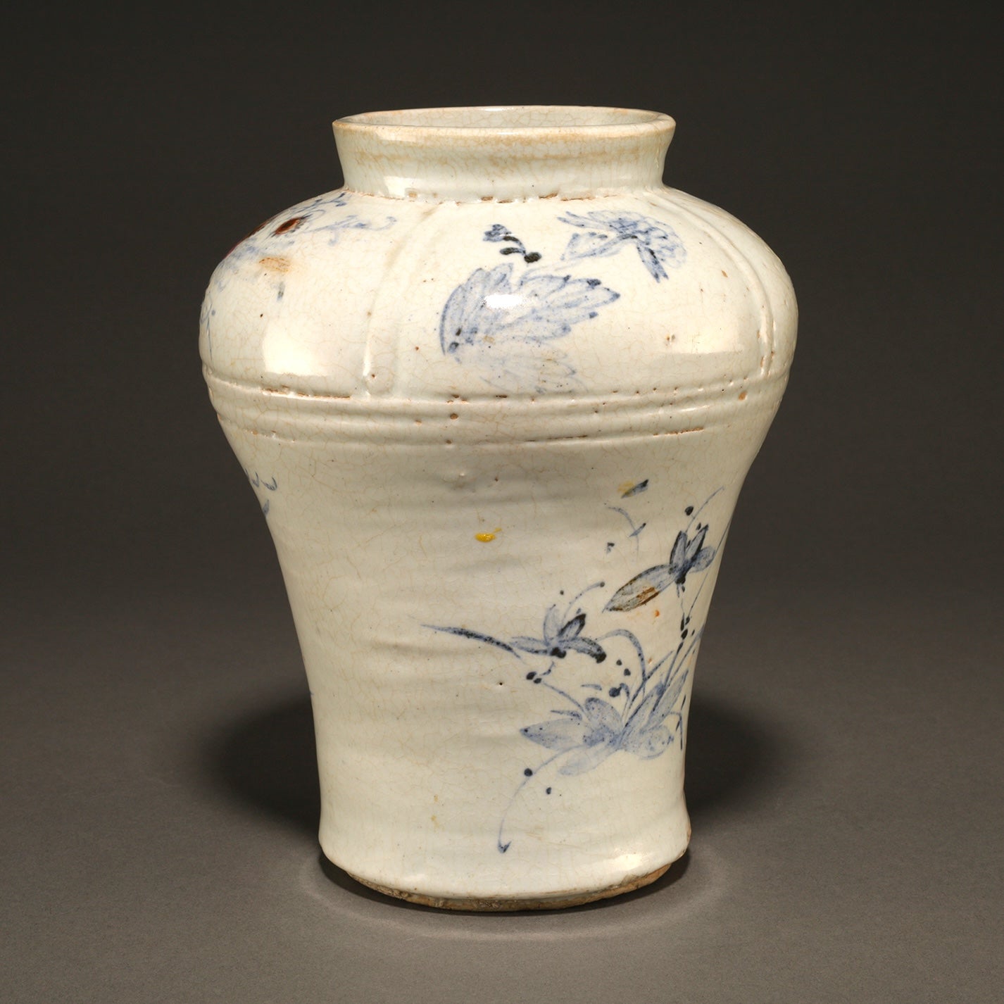 李朝青花辰砂草花文壷 [N0093]