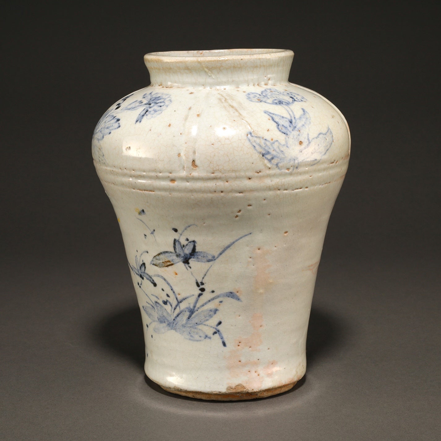 李朝青花辰砂草花文壷 [N0093]