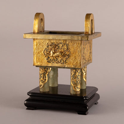 Jade Incense Burner with Bronze Decorations and Bird-and-Beast Design