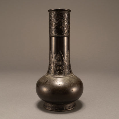 Antique bronze straight-necked bottle with banana leaf pattern