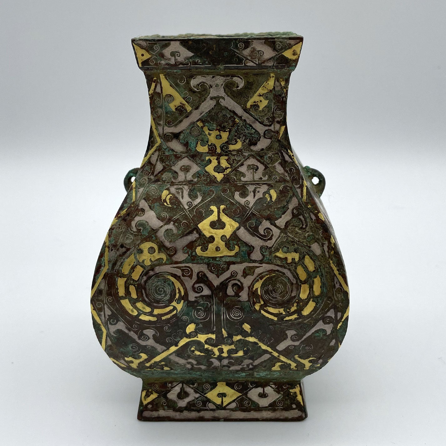 Gold and silver inlaid copper square vase