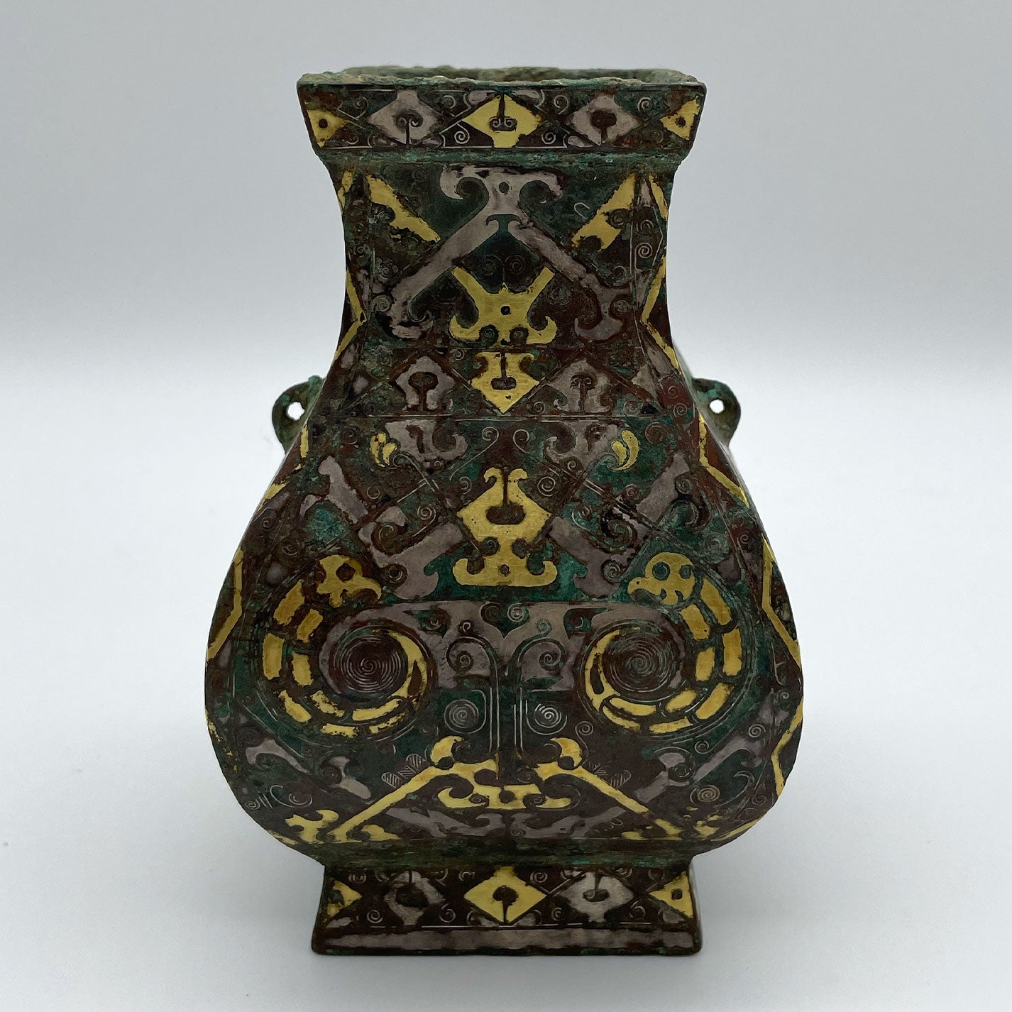 Gold and silver inlaid copper square vase