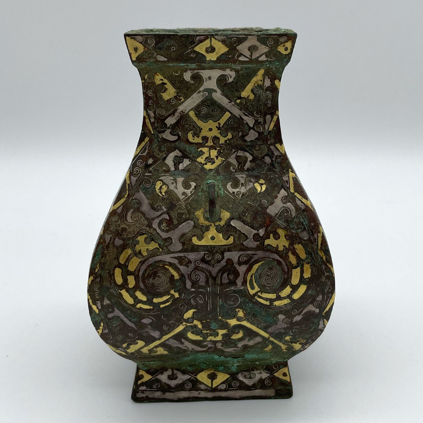 Gold and silver inlaid copper square vase