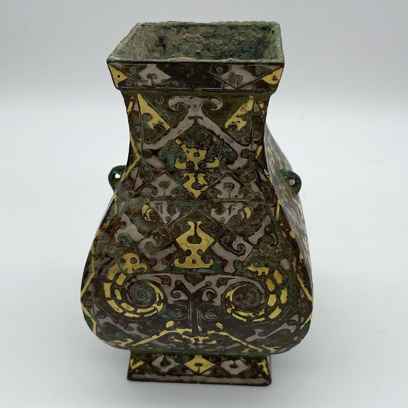 Gold and silver inlaid copper square vase