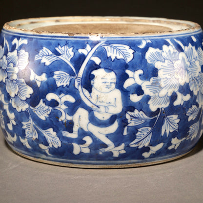 青花童子戲花圓硯