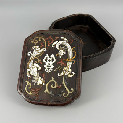 Double dragon wooden box with inlay