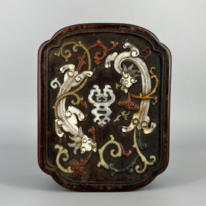 Double dragon wooden box with inlay