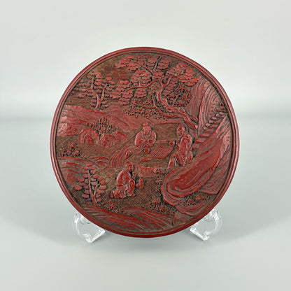 Carved Red Lacquer Box with Figure Design
