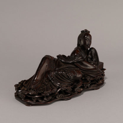 Rosewood Statue of a Reclining Tennyo