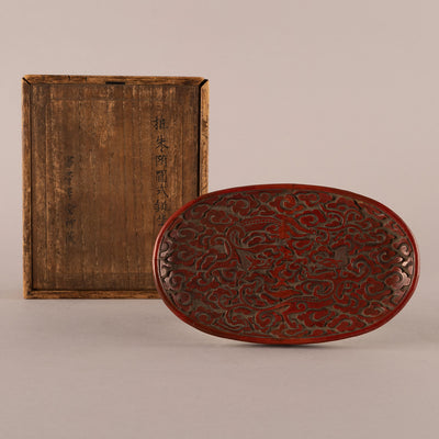 Red carving oval style dragon phoenix design plate