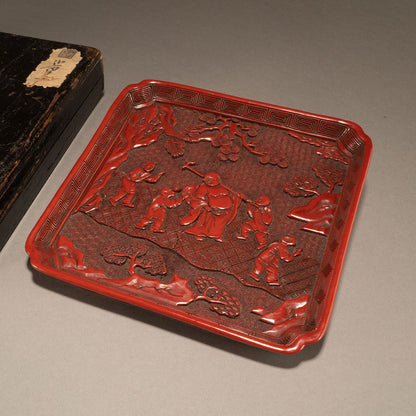 Carved Cinnabar Lacquer Square Dish