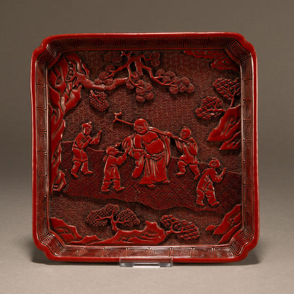 Carved Cinnabar Lacquer Square Dish