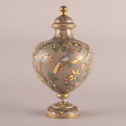 Flower-and-Bird Patterned Lidded Glass Vessel