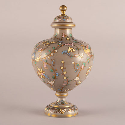 Flower-and-Bird Patterned Lidded Glass Vessel