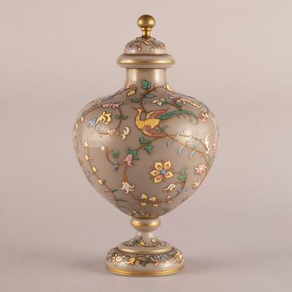 Flower-and-Bird Patterned Lidded Glass Vessel
