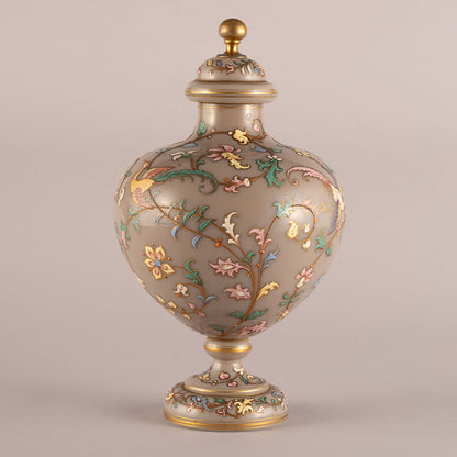 Flower-and-Bird Patterned Lidded Glass Vessel