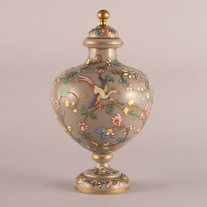 Flower-and-Bird Patterned Lidded Glass Vessel