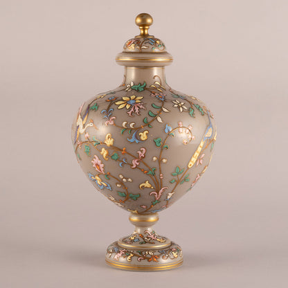 Flower-and-Bird Patterned Lidded Glass Vessel