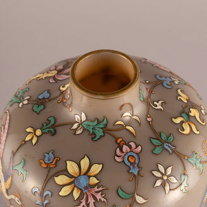 Flower-and-Bird Patterned Lidded Glass Vessel