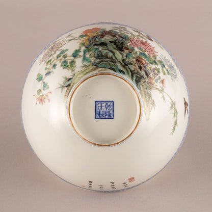 薄胎粉彩花鳥碗一對
