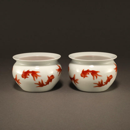 Iron-Red Fish and Wave Jar (Pair) [Z0185]