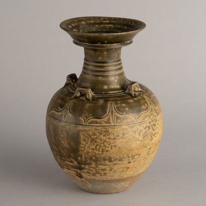 褐釉蓮花紋四耳廣口瓶