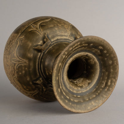 褐釉蓮花紋四耳廣口瓶