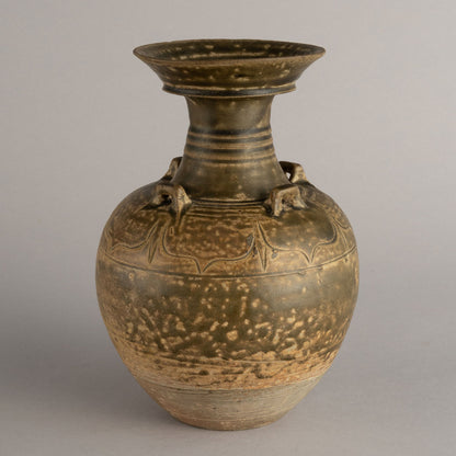 褐釉蓮花紋四耳廣口瓶