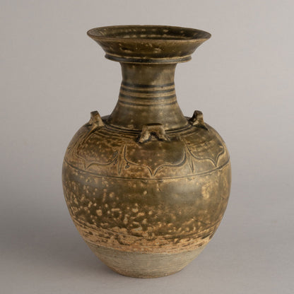 褐釉蓮花紋四耳廣口瓶