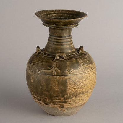 褐釉蓮花紋四耳廣口瓶