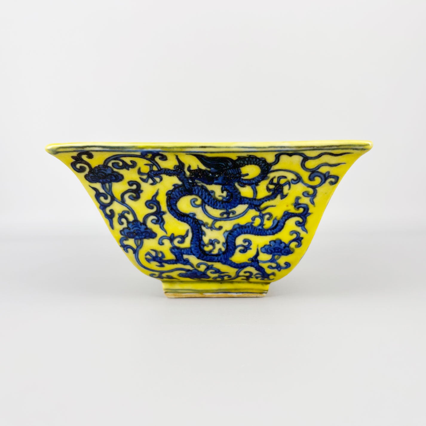 Yellow-Glazed Square Bowl with Dragon Design