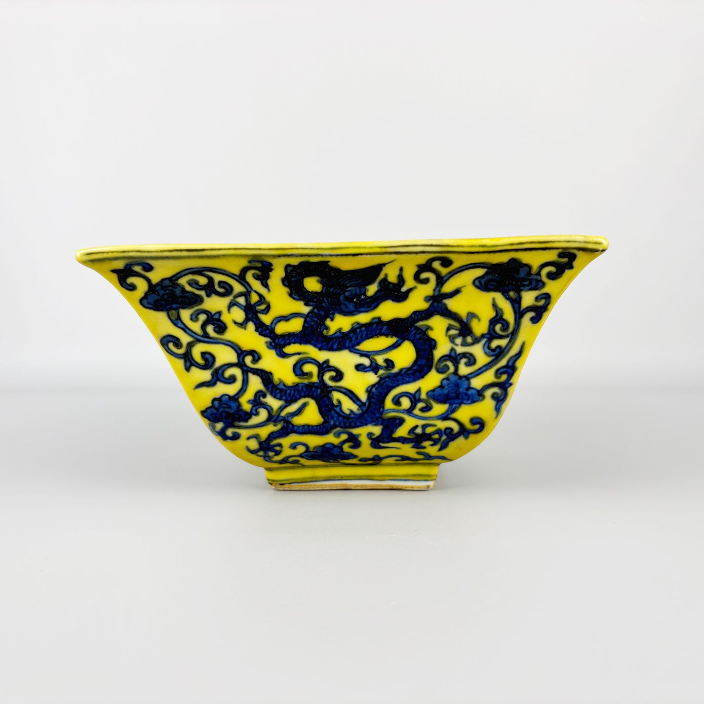 Yellow-Glazed Square Bowl with Dragon Design