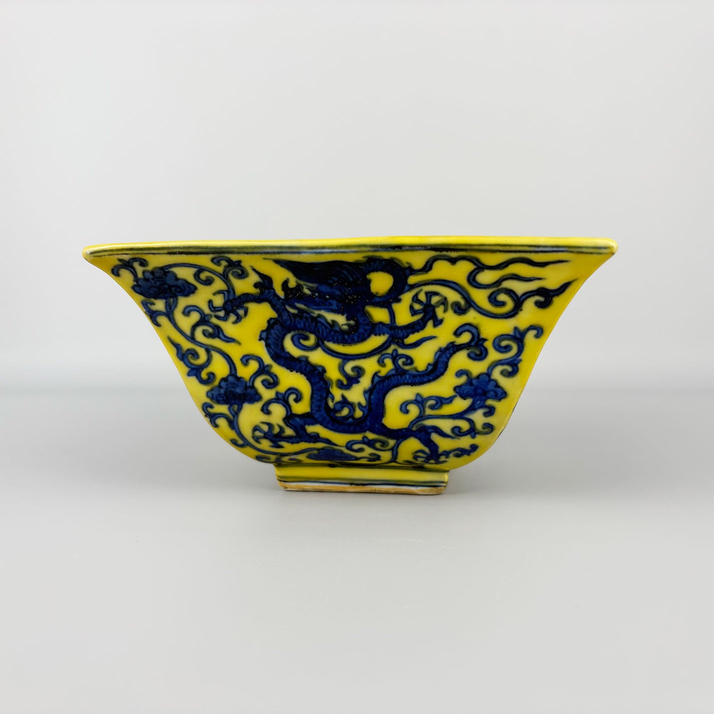 Yellow-Glazed Square Bowl with Dragon Design
