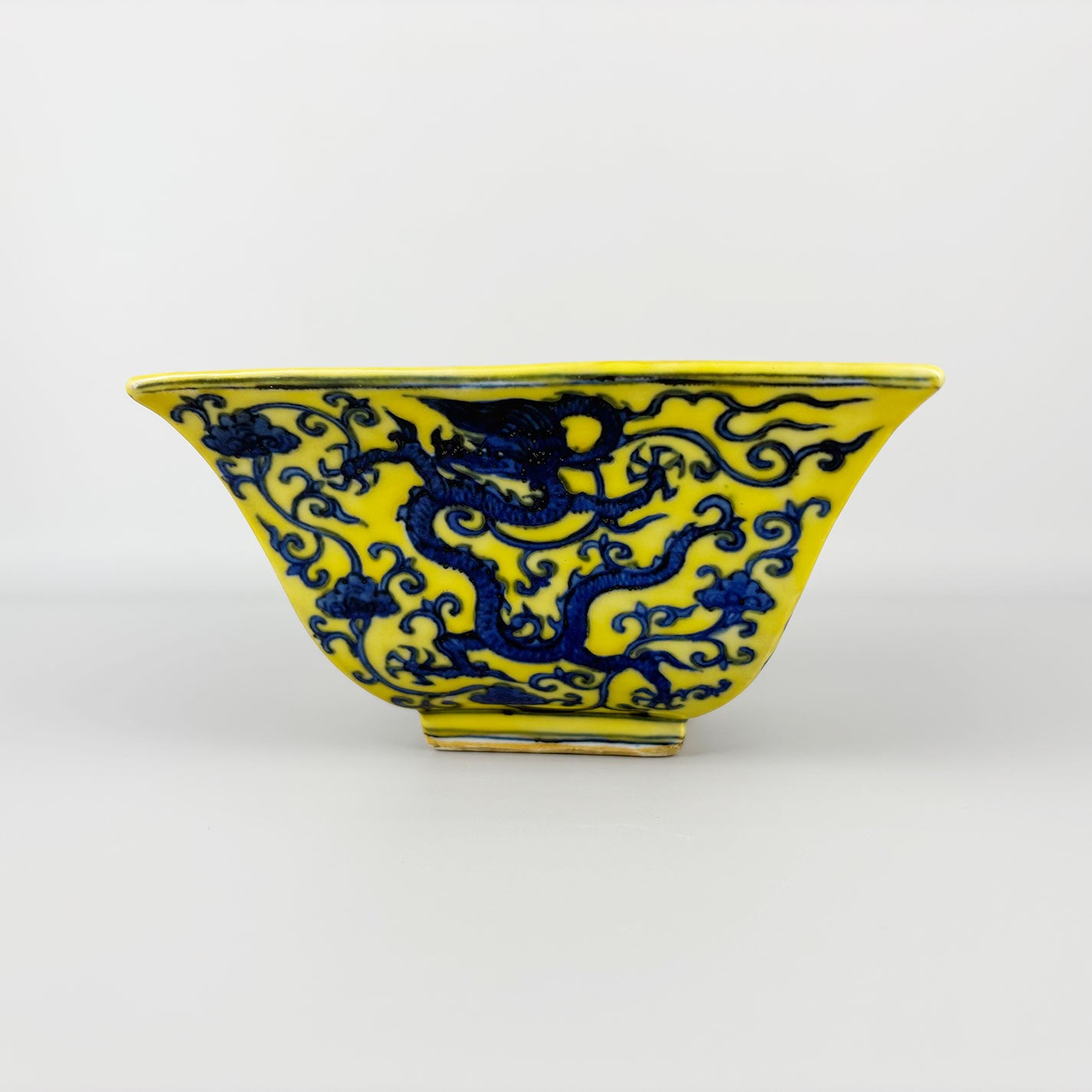 Yellow-Glazed Square Bowl with Dragon Design