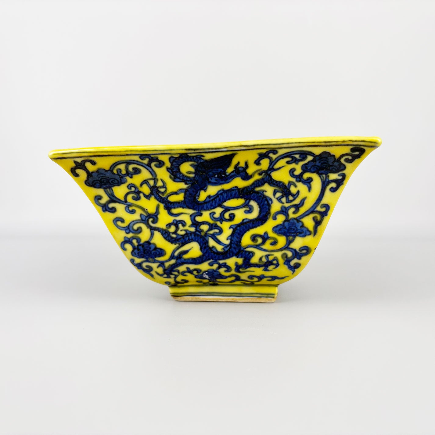 Yellow-Glazed Square Bowl with Dragon Design