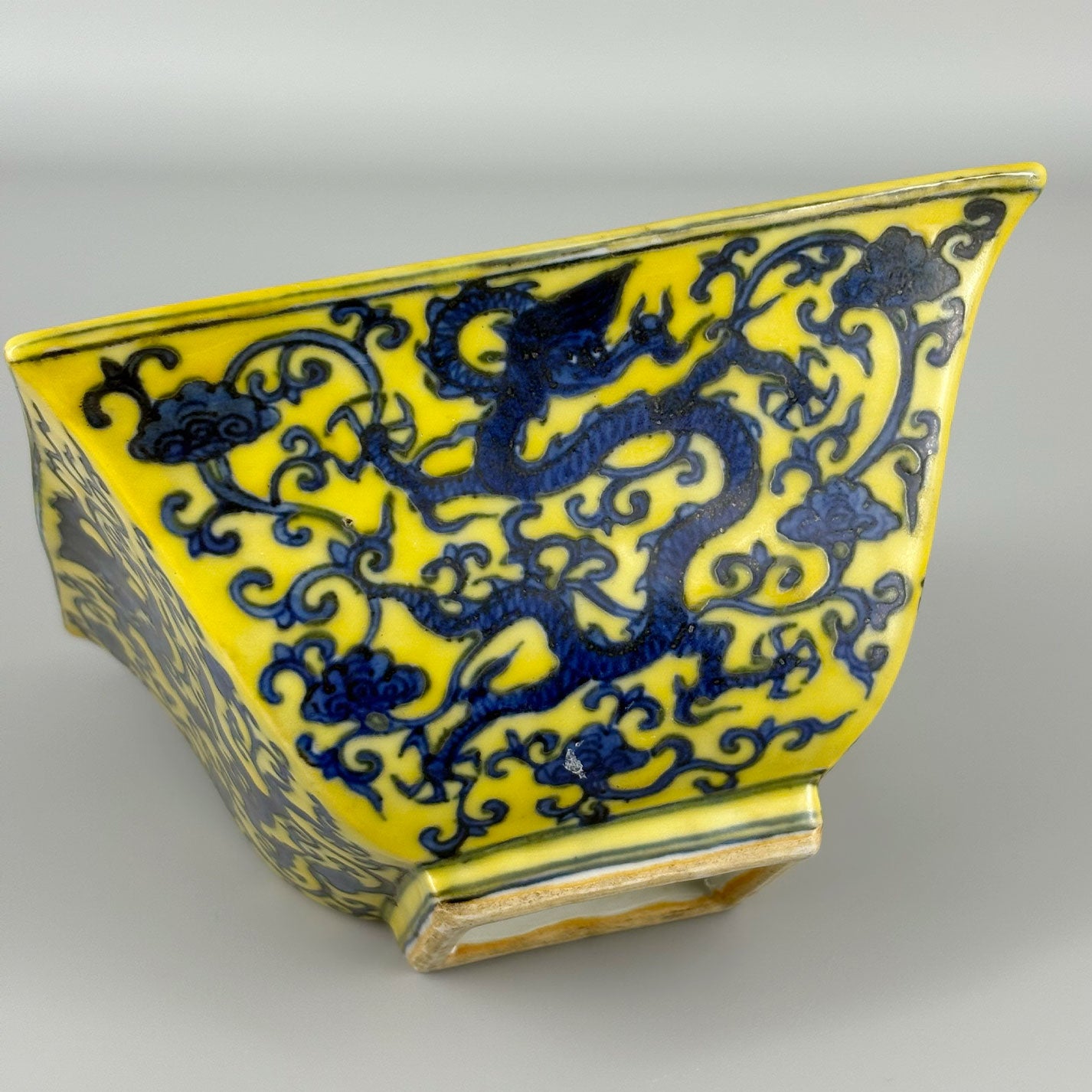 Yellow-Glazed Square Bowl with Dragon Design